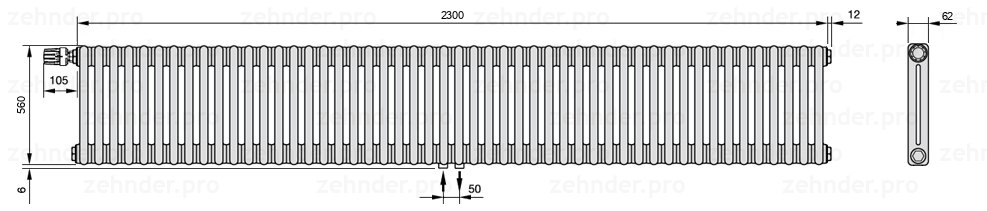 Схема (чертеж) Радиатор Zehnder Charleston 2056/50 №V007 Белый глянцевый RAL 9016